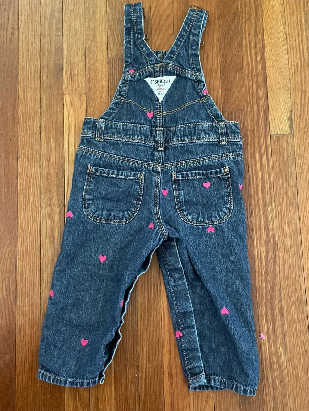 OshKosh B'gosh Dark Blue Denim Overalls with Pink Heart Embroidery